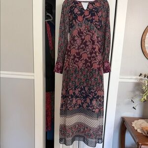 CAbi Burgundy, Navy & Rose Floral Tiered Maxi Dress